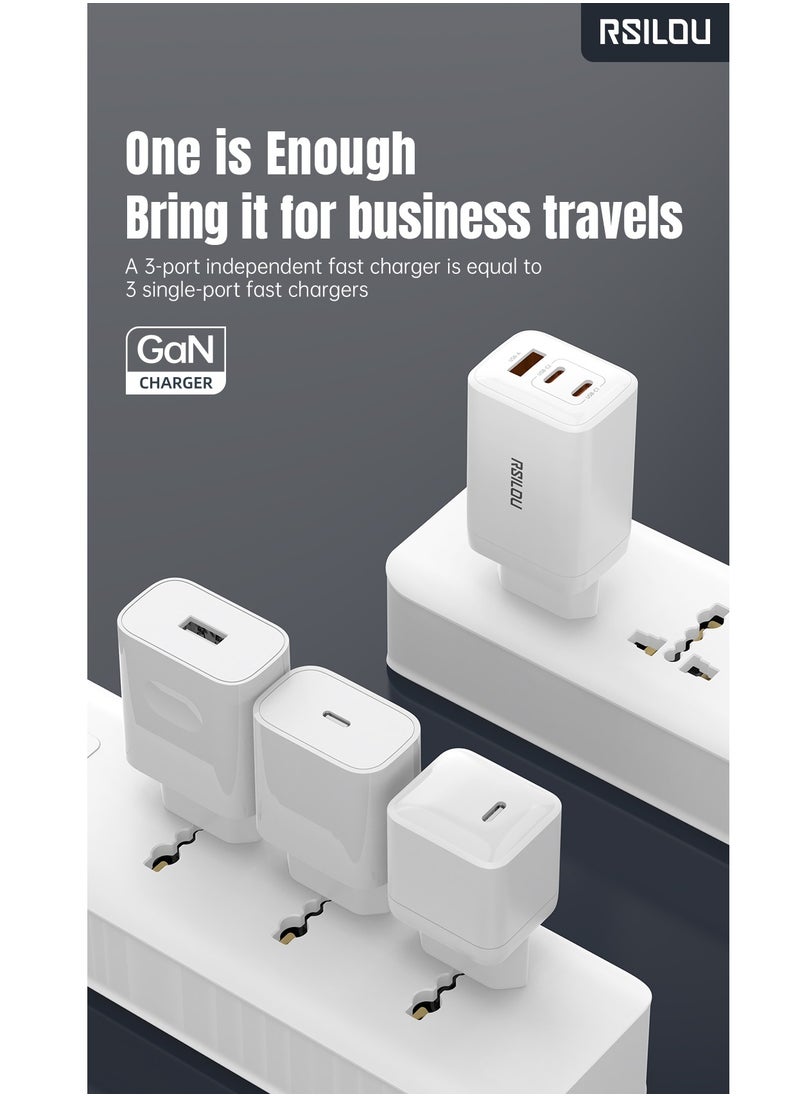 rsilou - R4292 65W 1A2C Super Fast Charger, Triple-Port with GaN Technology, 2 USB-C and 1 USB-A, a high-performance charger, Power, Speed, and Safety in One Compact Design, Supports apple and all smartphones, tablets, Bluetooth headphones, and more, MultiProtect Protection - Image 1