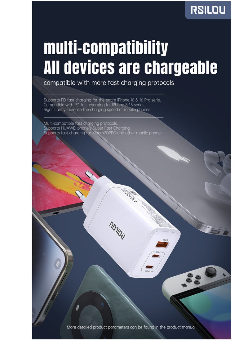 rsilou - R4292 65W 1A2C Super Fast Charger, Triple-Port with GaN Technology, 2 USB-C and 1 USB-A, a high-performance charger, Power, Speed, and Safety in One Compact Design, Supports apple and all smartphones, tablets, Bluetooth headphones, and more, MultiProtect Protection - Image 1