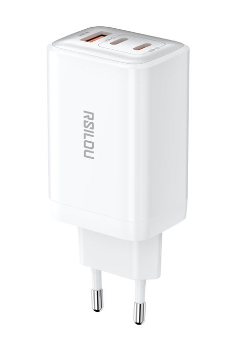 R4292 65W 1A2C Super Fast Charger, Triple-Port with GaN Technology, 2 USB-C and 1 USB-A, a high-performance charger, Power, Speed, and Safety in One Compact Design, Supports apple and all smartphones, tablets, Bluetooth headphones, and more, MultiProtect Protection
