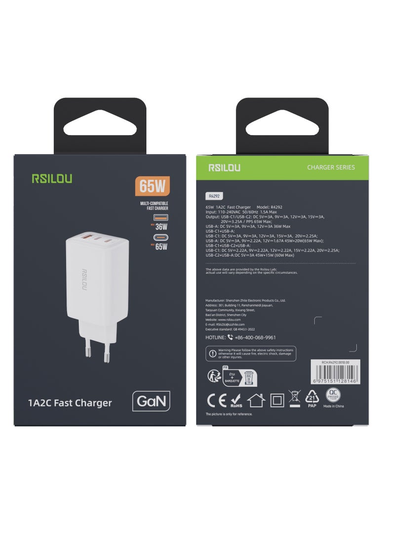 rsilou - R4292 65W 1A2C Super Fast Charger, Triple-Port with GaN Technology, 2 USB-C and 1 USB-A, a high-performance charger, Power, Speed, and Safety in One Compact Design, Supports apple and all smartphones, tablets, Bluetooth headphones, and more, MultiProtect Protection - Image 1