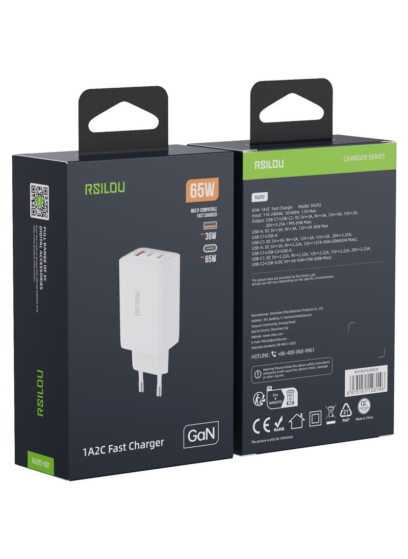 rsilou - R4292 65W 1A2C Super Fast Charger, Triple-Port with GaN Technology, 2 USB-C and 1 USB-A, a high-performance charger, Power, Speed, and Safety in One Compact Design, Supports apple and all smartphones, tablets, Bluetooth headphones, and more, MultiProtect Protection - Image 1