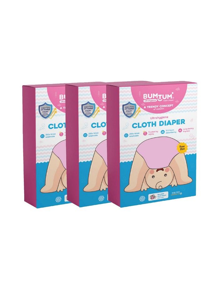 Bumtum 0 To 3 Years Baby Freesize Ultrahygiene Waterproof Cloth Diaper 5Hrs Absorbency ; Washable & Reusable Diaper And Cotton Soaker (Pack Of 3 Pink) - Image 2