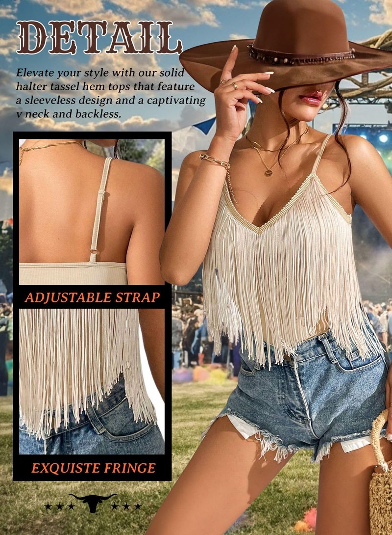 EVELUST Western Cowgirl Fringe Top for Women - Country Concert Outfits Festival Tassel Hem Boho Rodeo Dress Rave Tank Shirt(Khaki,XL,10742e) - Image 4