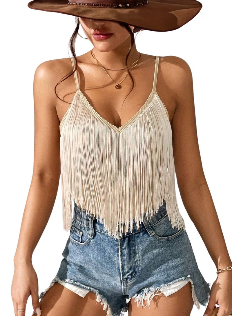 EVELUST Western Cowgirl Fringe Top for Women - Country Concert Outfits Festival Tassel Hem Boho Rodeo Dress Rave Tank Shirt(Khaki,XL,10742e) - Image 1
