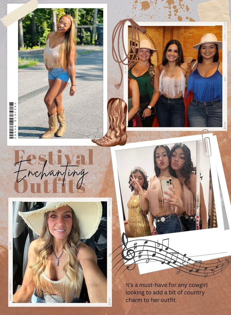 EVELUST Western Cowgirl Fringe Top for Women - Country Concert Outfits Festival Tassel Hem Boho Rodeo Dress Rave Tank Shirt(Khaki,XL,10742e) - Image 5