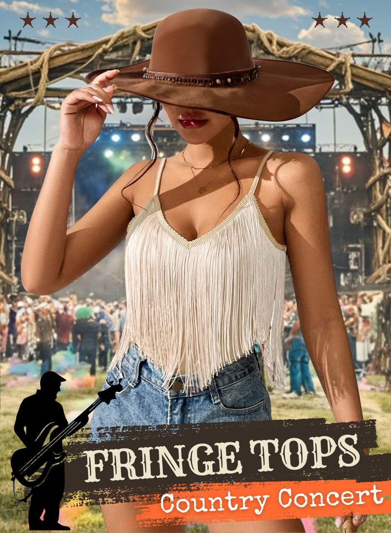 EVELUST Western Cowgirl Fringe Top for Women - Country Concert Outfits Festival Tassel Hem Boho Rodeo Dress Rave Tank Shirt(Khaki,XL,10742e) - Image 2