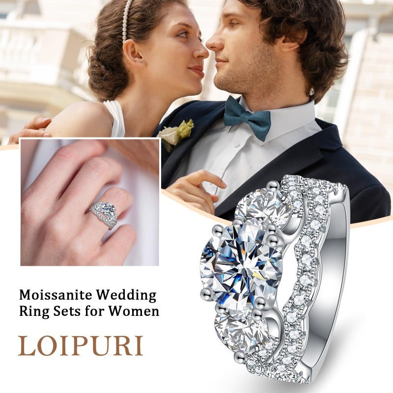 LOIPURI 3 Stone Moissanite Wedding Bridal Ring Sets for Women, Round Cut 5CTTW D Color VVS1, Engagement Promise Anniversary Rings for Her with Certificate Size 7 - Image 2