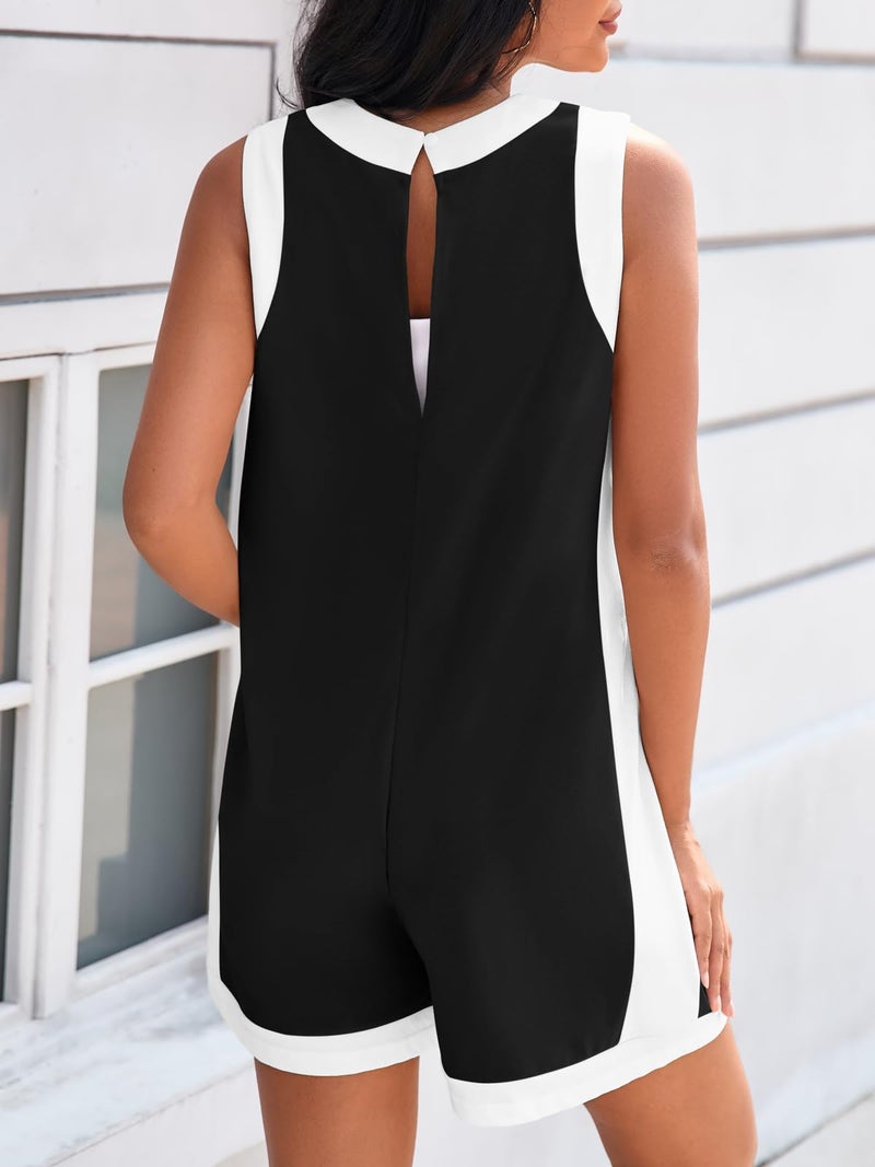 Yousify Women's Summer Casual Rompers Color Block Sleeveless Crewneck Jumpsuit Cotton Loose Shorts Overalls with Pockets - Image 4