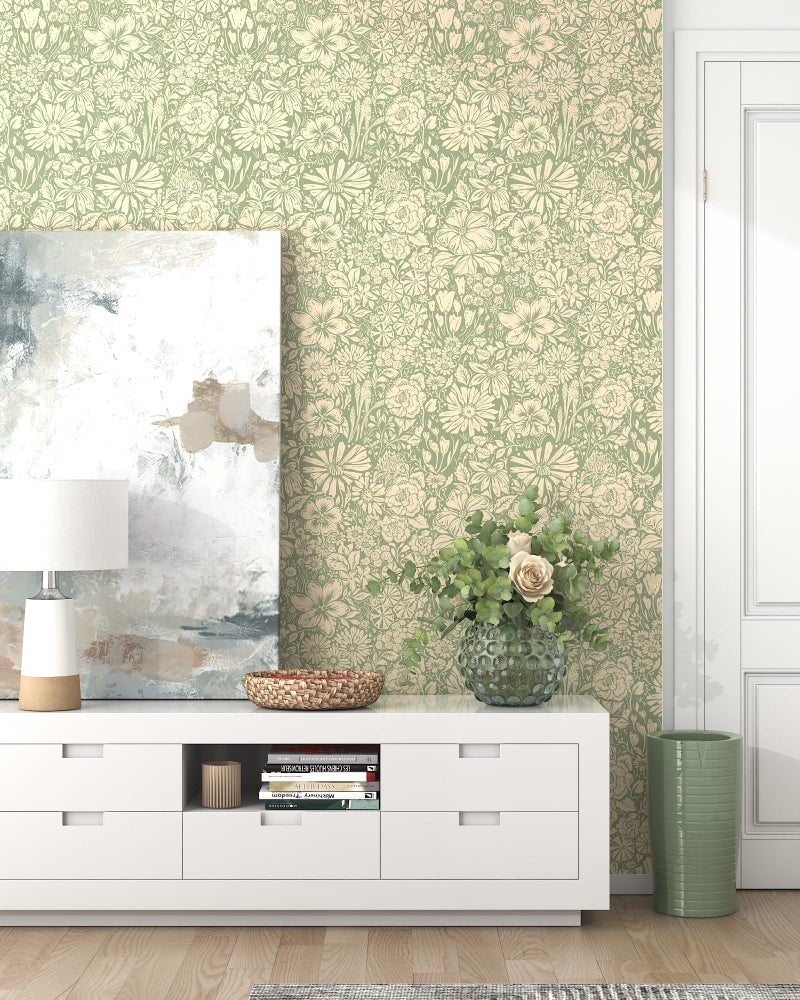 OSECAGE Floral Wallpaper Peel and Stick Wallpaper Boho 17.3''Ã—78.8'' Self Adhesive Wall Paper Green and Beige Contact Paper Removable Modern Wallpapers Decorative for Bedroom Bathroom Cabinets Decor Vinyl - Image 5