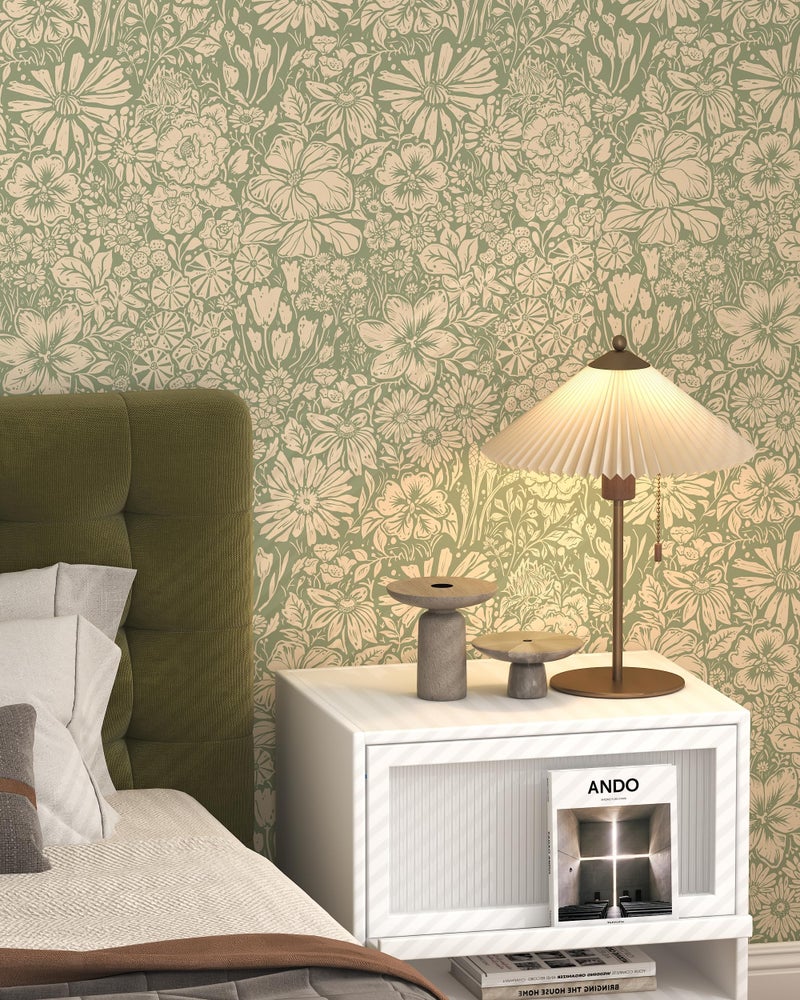 OSECAGE Floral Wallpaper Peel and Stick Wallpaper Boho 17.3''Ã—78.8'' Self Adhesive Wall Paper Green and Beige Contact Paper Removable Modern Wallpapers Decorative for Bedroom Bathroom Cabinets Decor Vinyl - Image 2