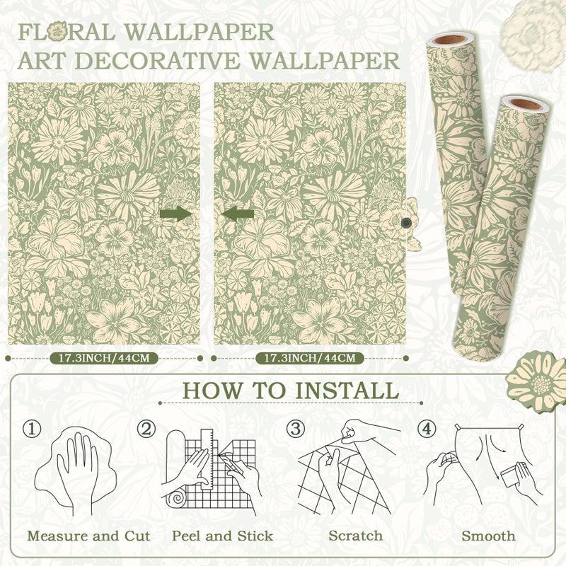 OSECAGE Floral Wallpaper Peel and Stick Wallpaper Boho 17.3''Ã—78.8'' Self Adhesive Wall Paper Green and Beige Contact Paper Removable Modern Wallpapers Decorative for Bedroom Bathroom Cabinets Decor Vinyl - Image 4