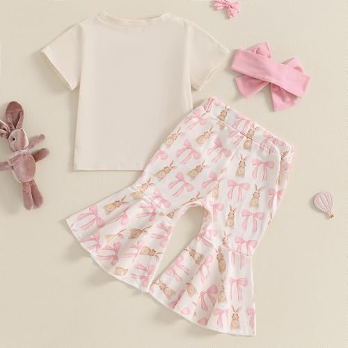 YINGISFITM Toddler Baby Girl Easter Outfit Short Sleeve Bunny Shirt Top Bell Bottoms Pants Kids Easter Clothes Summer (Pink bunny, 6-12 Months) - Image 3