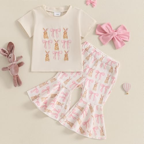 YINGISFITM Toddler Baby Girl Easter Outfit Short Sleeve Bunny Shirt Top Bell Bottoms Pants Kids Easter Clothes Summer (Pink bunny, 6-12 Months) - Image 2