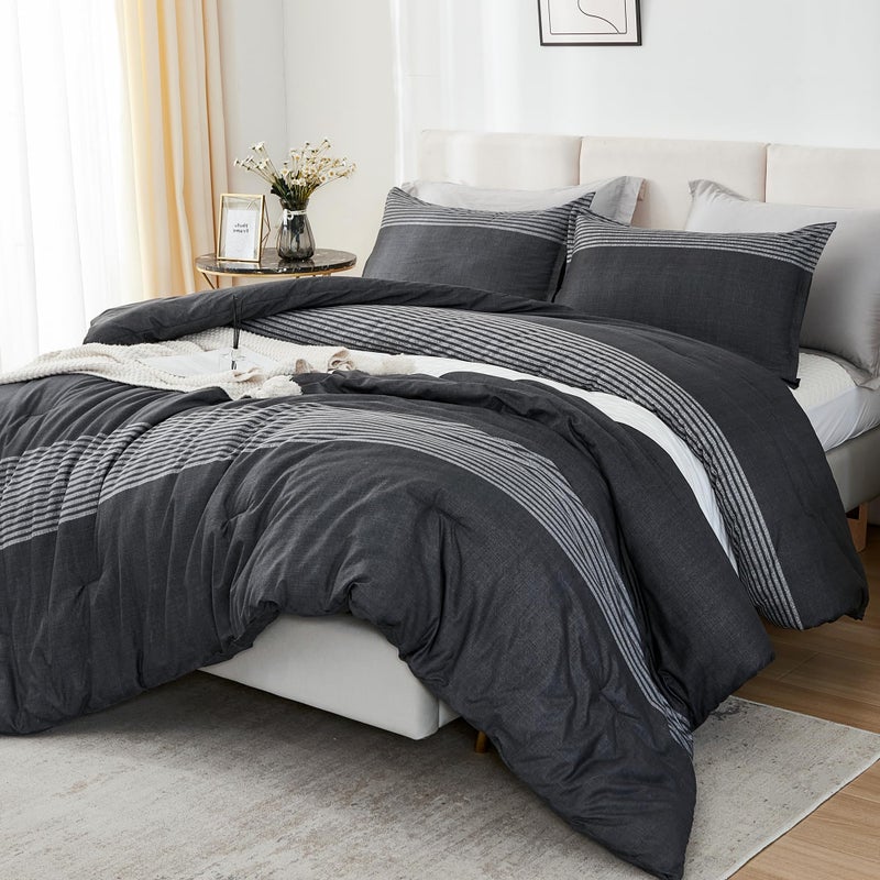 Litanika Queen Comforter Set Black White Grey  3 Pieces Lightweight Summer Bedding Set All Season Down Alternative Comforter 1 Comforter 2 Pillowcases