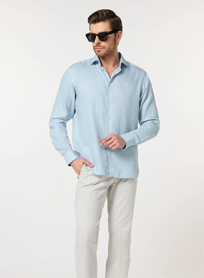 تكلف The Ocean Mist Sea Blue Easy Care Linen Shirt with Fresh Texture