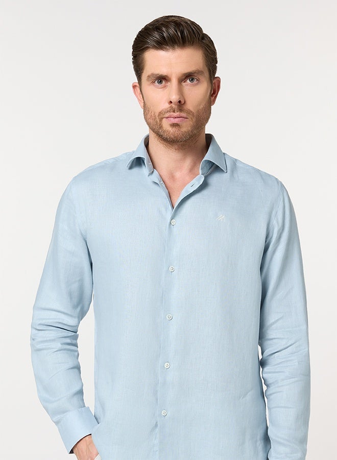 Mannerism The Ocean Mist Sea Blue Easy Care Linen Shirt with Fresh Texture - Image 1