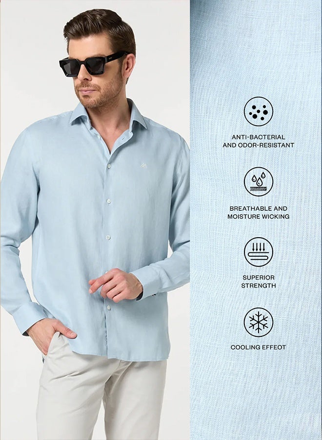 مانرزم The Ocean Mist Sea Blue Easy Care Linen Shirt with Fresh Texture - Image 3