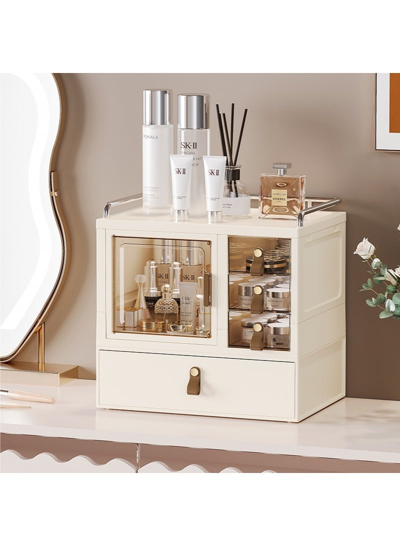 والالا منظم مكياج ثلاثي الطبقات لمستحضرات التجميل، منظم للعناية بالبشرة بسعة كبيرة، صندوق تخزين مكياج مقاوم للغبار، حافظات عرض مستحضرات التجميل مع درج واحد للحمام وغرفة النوم وسطح العمل - Image 4