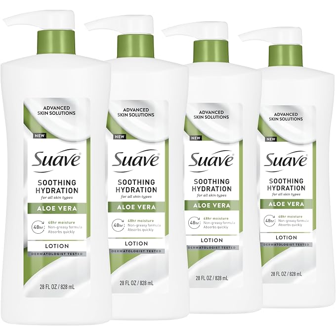 Suave Soothing Hydration Hand & Body Lotion With Aloe Vera Refreshes Dry Skin, Fast Absorbing, Intensive Moisturizing Cream For Women, Non Greasy, Allergen Free, 28 FL OZ, 4 Pack - Image 1