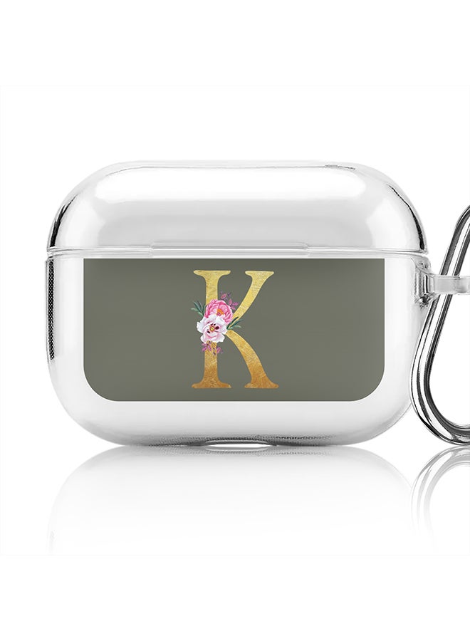 Stylizedd Classic Clear printed Case for Apple Airpods Pro Soft TPU Gel Thin Transparent Flexible Cover - Custom Monogram Initial Letter Floral Pattern Alphabet - K (Olive Green ) - Image 1