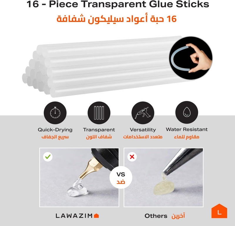 مسدس الغراء Lawazim مع مفتاح تشغيل/إيقاف LED - 60 واط مع 16 قطعة من أعواد الغراء - أسود - مسدس تطبيق لاصق حراري دقيق للحرف اليدوية والأعمال المنزلية ومشاريع الإصلاح المنزلية، كهربائي لتحسين المنزل - Image 4