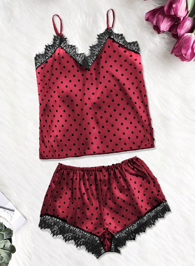 MARGOUN Women Large Size 2 Piece Lingerie Lace V Neck Tops and Short Set Sleepwear Lingerie Homewear Spotted Print Camisole Satin Set Red/L Under Bust:70-88cm Waist:72-92cm Hip:88-108CM  - Image 1