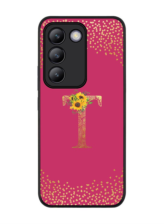 Stylizedd Rugged Black edge case for Vivo V30 Lite 5G, Cover Custom Monogram Initial Letter Mandala Floral Pattern Alphabet - T ( Deep Pink Rose ) - Image 1