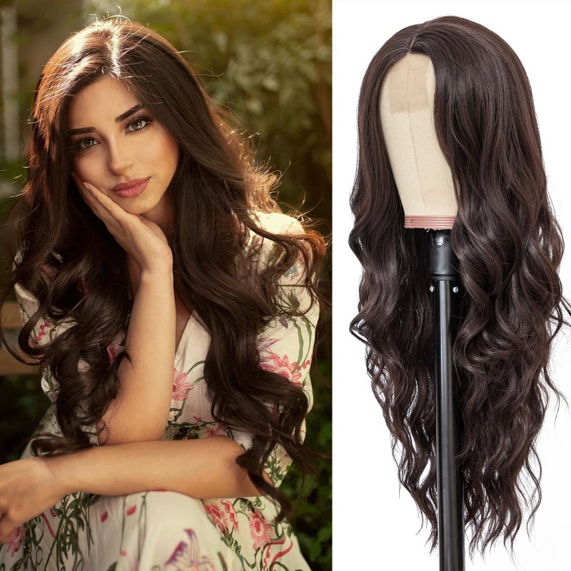 NAYOO Wig for Women  26 Inch Long Wavy Wigs with Natural Looking Brown Hair Heat Resistant Synthetic Wig Middle Part Style for Daily Party Use