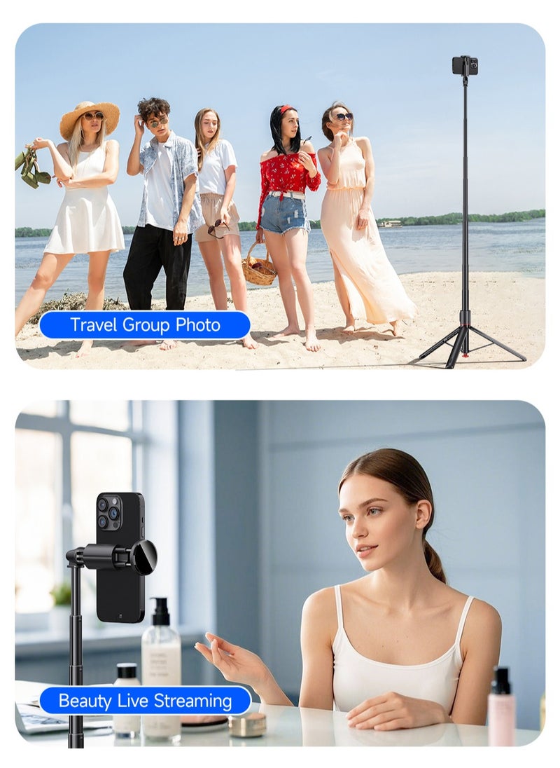 68"(1.77M) Automatic Tripod, Auto-Open Phone Tripod Stand with Magnetic Remote, All-in-1 Extendable Selfie Stick Travel Tripods for Cell Phone 360° Rotate Stable iPhone Selfie Stick for Video Recording