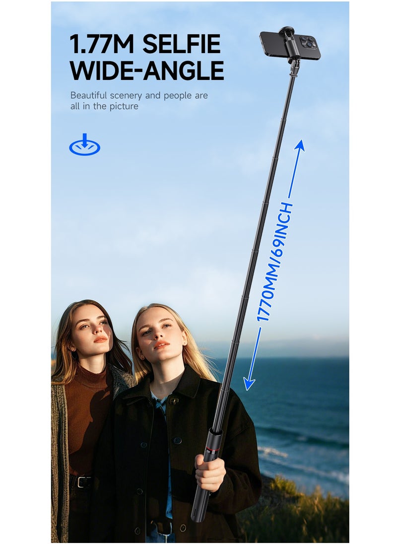 68"(1.77M) Automatic Tripod, Auto-Open Phone Tripod Stand with Magnetic Remote, All-in-1 Extendable Selfie Stick Travel Tripods for Cell Phone 360° Rotate Stable iPhone Selfie Stick for Video Recording