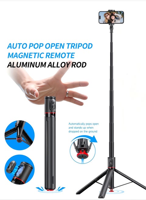 68"(1.77M) Automatic Tripod, Auto-Open Phone Tripod Stand with Magnetic Remote, All-in-1 Extendable Selfie Stick Travel Tripods for Cell Phone 360° Rotate Stable iPhone Selfie Stick for Video Recording