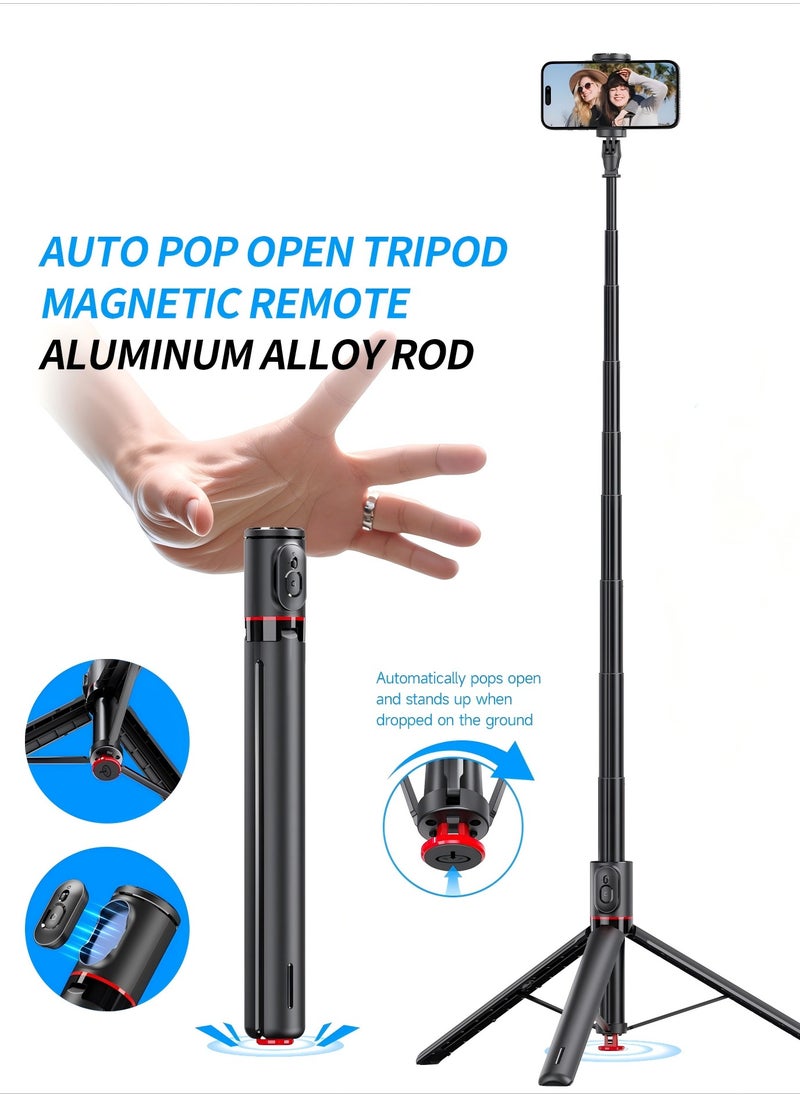 68"(1.77M) Automatic Tripod, Auto-Open Phone Tripod Stand with Magnetic Remote, All-in-1 Extendable Selfie Stick Travel Tripods for Cell Phone 360° Rotate Stable iPhone Selfie Stick for Video Recording