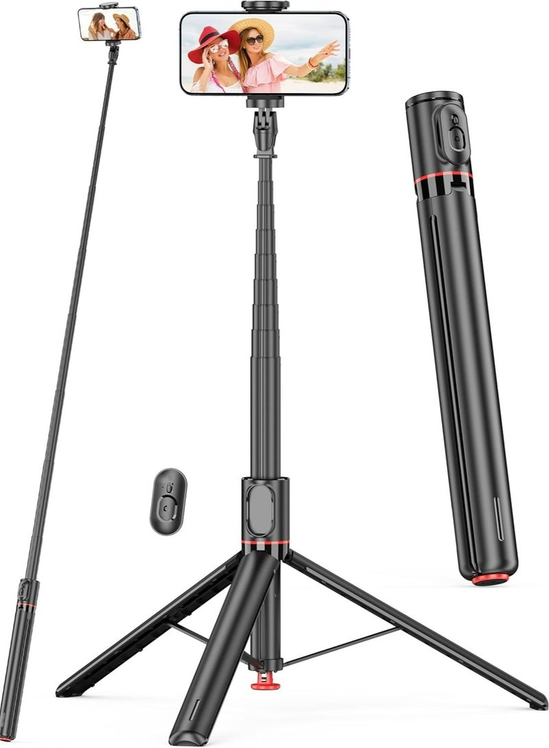 حامل ثلاثي القوائم أوتوماتيكي مقاس 68 بوصة (1.77 متر) ، حامل ثلاثي القوائم للهاتف مفتوح تلقائيا مع جهاز تحكم عن بعد مغناطيسي ، حامل ثلاثي القوائم للسفر بعصا سيلفي قابلة للتمديد الكل في 1 للهاتف الخليوي 360 درجة تدوير عصا سيلفي مستقرة على iPhone لتسجيل الفيديو - Image 1