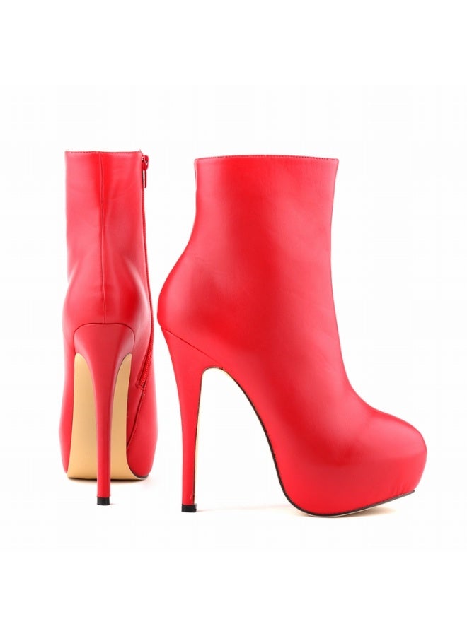 Loquat Ultra-high heel round-toe short women's boots 14cm Red  - Image 2