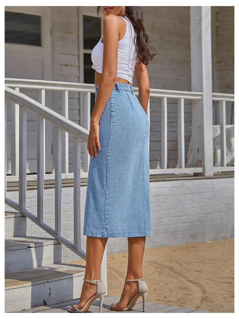 WDIRARA Women's Asymmetrical Denim Midi Skirt Button Down High Waisted Jean Skirt Blue Medium - Image 2