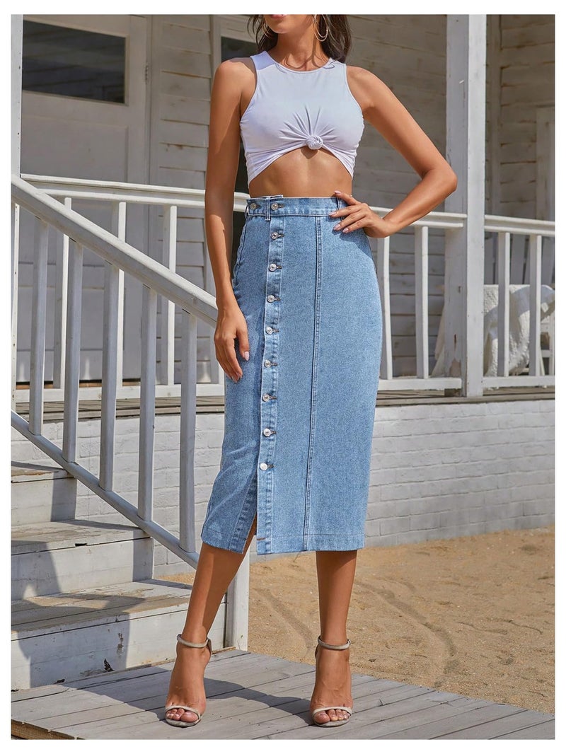 WDIRARA Women's Asymmetrical Denim Midi Skirt Button Down High Waisted Jean Skirt Blue Medium - Image 3