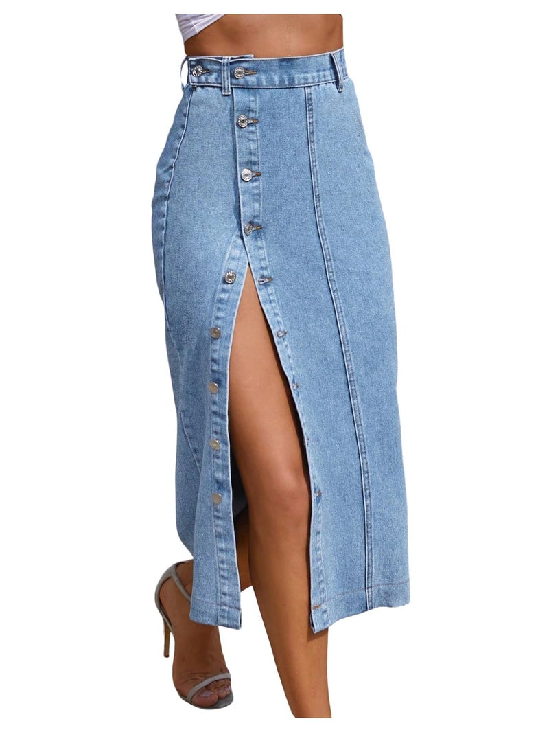 WDIRARA Women's Asymmetrical Denim Midi Skirt Button Down High Waisted Jean Skirt Blue Medium - Image 1