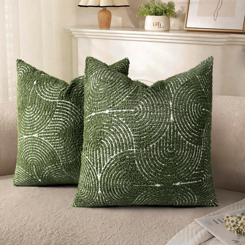 AELS Boho Decorative Textured Throw Pillow Covers 18x18, Modern Mid Century Rainbow Tufted Pillow Case, Farmhouse Rustic Geometric Woven Cushion Case for Bed Couch Sofa, Olive Green - Image 1