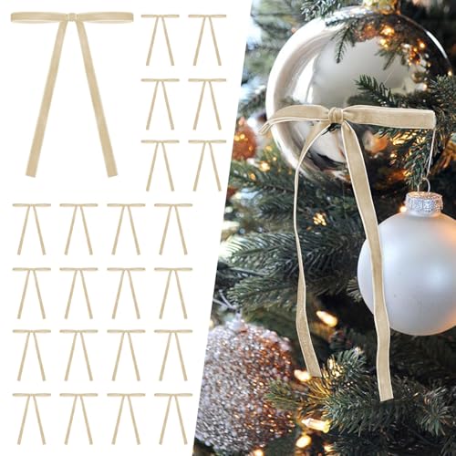 SIMISI RIBBON 24Pcs Champagne Christmas Velvet Ribbon Bows Decorations Xmas Ornaments Vintage Decor for Tree, Wreath, Garland (3/8'' Width, 5 * 7 inch) - Image 1