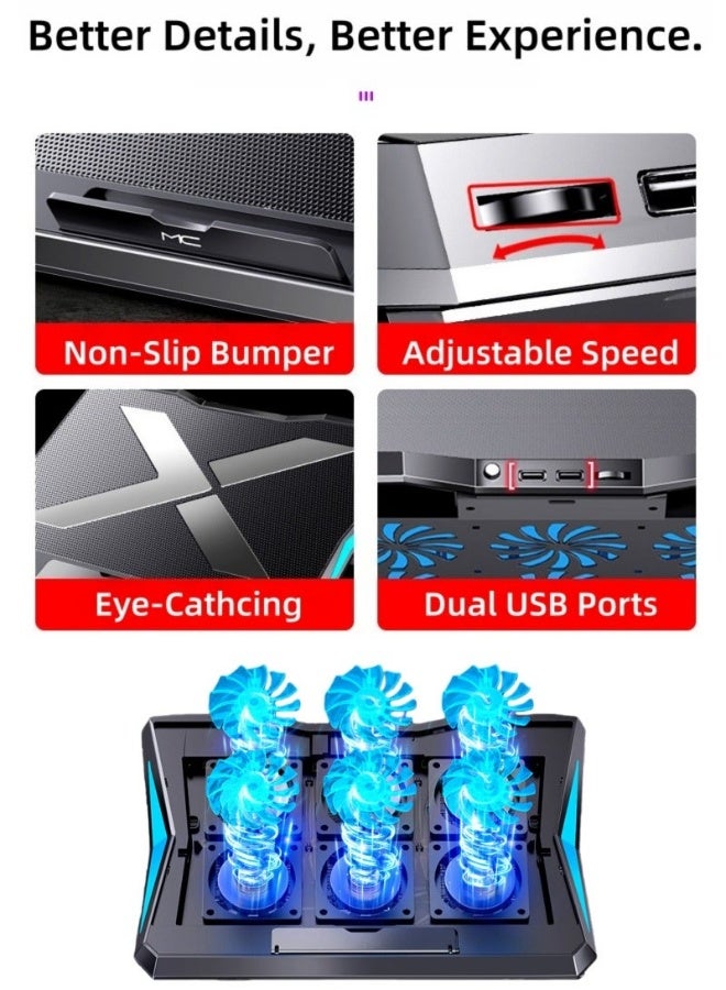 Hiras Laptop Cooling Pad with RGB Lights - Laptop Cooler with 6 Quiet Fans, 6-Speed & 6-Height Adjustable, Laptop Fan Cooling, Dual USB Ports for 14-17 Inch Gaming Laptops (Dell, HP, ASUS) - Image 5