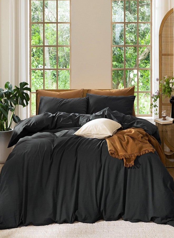 MooMee Bedding Duvet Cover Set 100% Washed Cotton Linen Like Textured Breathable Durable Soft Comfy (Solid Black, Palatial King/Oversized King 120"x98") - Image 1