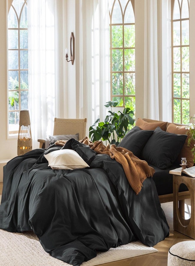 MooMee Bedding Duvet Cover Set 100% Washed Cotton Linen Like Textured Breathable Durable Soft Comfy (Solid Black, Palatial King/Oversized King 120"x98") - Image 3