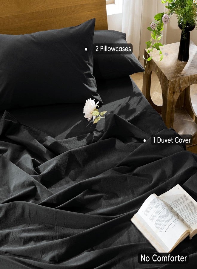 MooMee Bedding Duvet Cover Set 100% Washed Cotton Linen Like Textured Breathable Durable Soft Comfy (Solid Black, Palatial King/Oversized King 120"x98") - Image 2