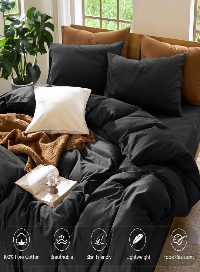 MooMee Bedding Duvet Cover Set 100% Washed Cotton Linen Like Textured Breathable Durable Soft Comfy (Solid Black, Palatial King/Oversized King 120"x98") - Image 4