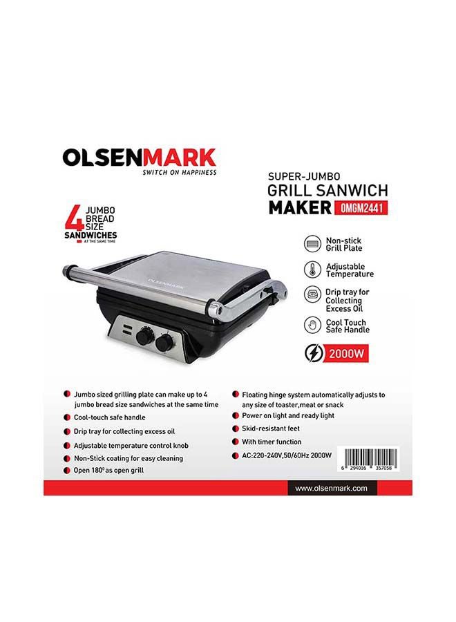 أولسنمارك ماكينة صنع ساندويتشات بسطح شواية كبيرة للغاية شريحتين 2000 W OMGM2441 أسود/ فضي - Image 5