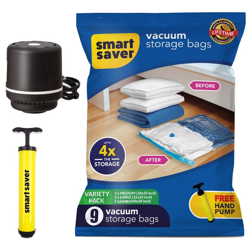 Smart Saver Polyamide Polyethylene Vacuum Compression Bags|Vacuum Storage Bags|Vacuum Bags For Travel|Space Saver Vacuum Bags(9Pack-3X(Jumbo,Large,Medium)+ Electric Handpump),White - Image 1