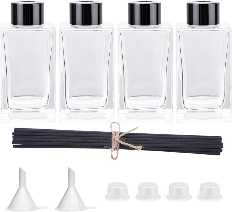 Agidea 4PCS Empty Glass Fragrance Reed Diffuser Bottles, Refillable Diffuser Bottles with 20pcs Reeds Sticks & Black Caps & Funnel, Diffuser Jars for Home Oil Fragrance Decoration (100ML) - Image 1