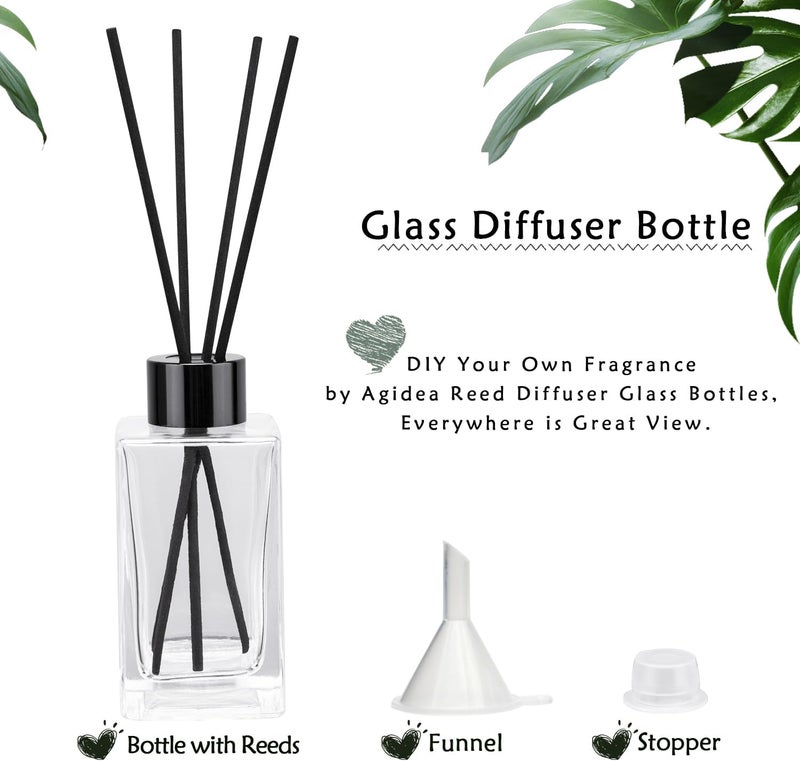 Agidea 4PCS Empty Glass Fragrance Reed Diffuser Bottles, Refillable Diffuser Bottles with 20pcs Reeds Sticks & Black Caps & Funnel, Diffuser Jars for Home Oil Fragrance Decoration (100ML) - Image 2