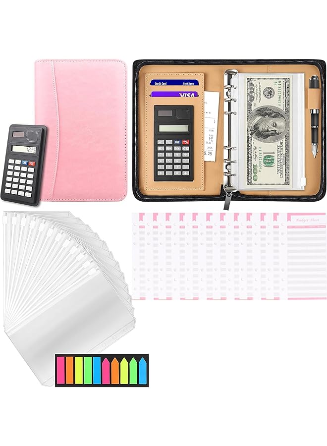 إيروريكس مجلد ميزانية مع مظاريف بسحاب ومظاريف نقدية للميزانية، مخطط ميزانية من الجلد الصناعي بحجم A6 مع مظاريف نقدية، آلة حاسبة، منظم أموال الفواتير لتوفير النقود، نظام الميزانية، محفظة باللون الوردي - Image 1