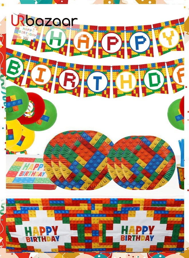 URbazaar 174 Pcs Set Building Block Birthday Party Supplies Set | Baby Boy Toddler Kids Birthday Brick Decorations – Cups Plates Signs Napkins Balloons Tablecloth Utensils – Decorations for Boys and Girls - Image 4